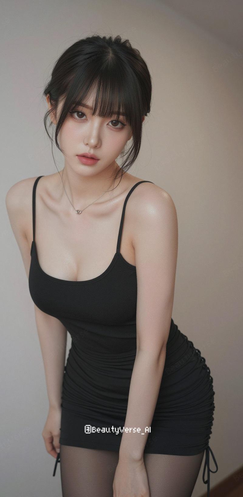齐刘海黑色吊带裙日本美女室内半身像