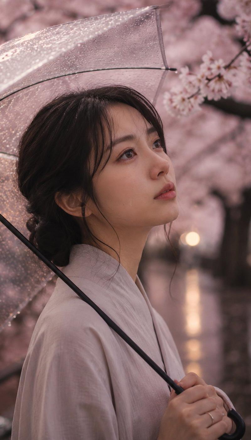 春雨中樱花树下撑伞含泪的日本女子
