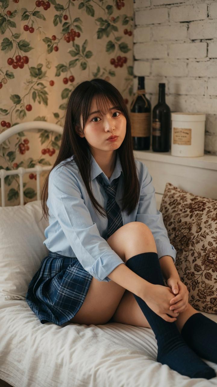 卧室床边的日本校服风格年轻美女
