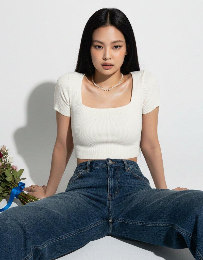 Jennie极简纯白背景水光肌写真