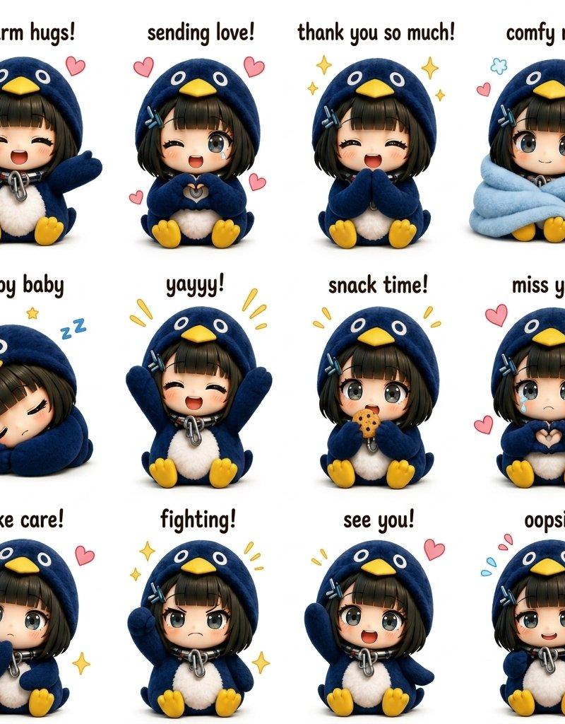 治愈系蓝企鹅兜帽Q版少女贴纸表情包