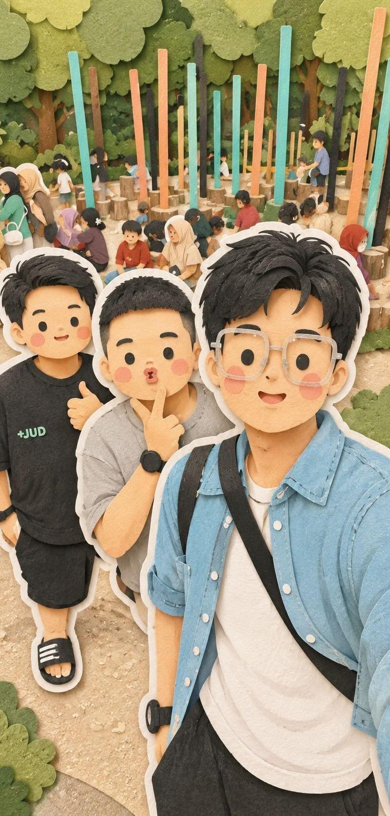 可爱家族旅行手工剪纸拼贴插画