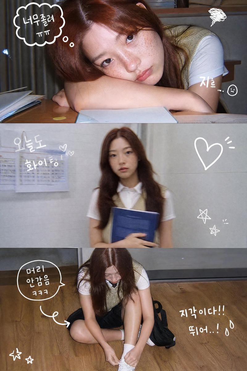 韩系复古三格校园照片条长发女孩