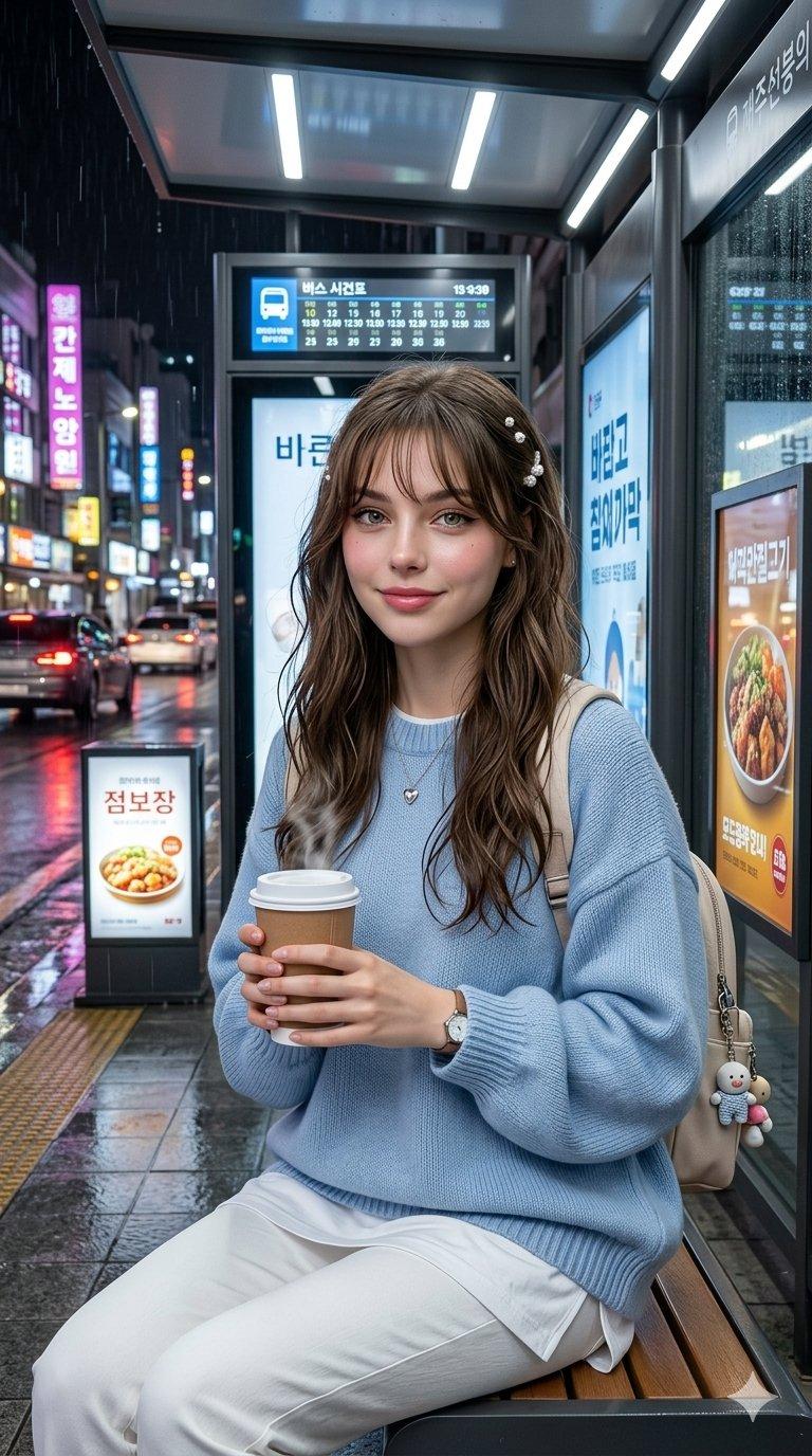 韩国雨夜都市公交站等候的优雅女性