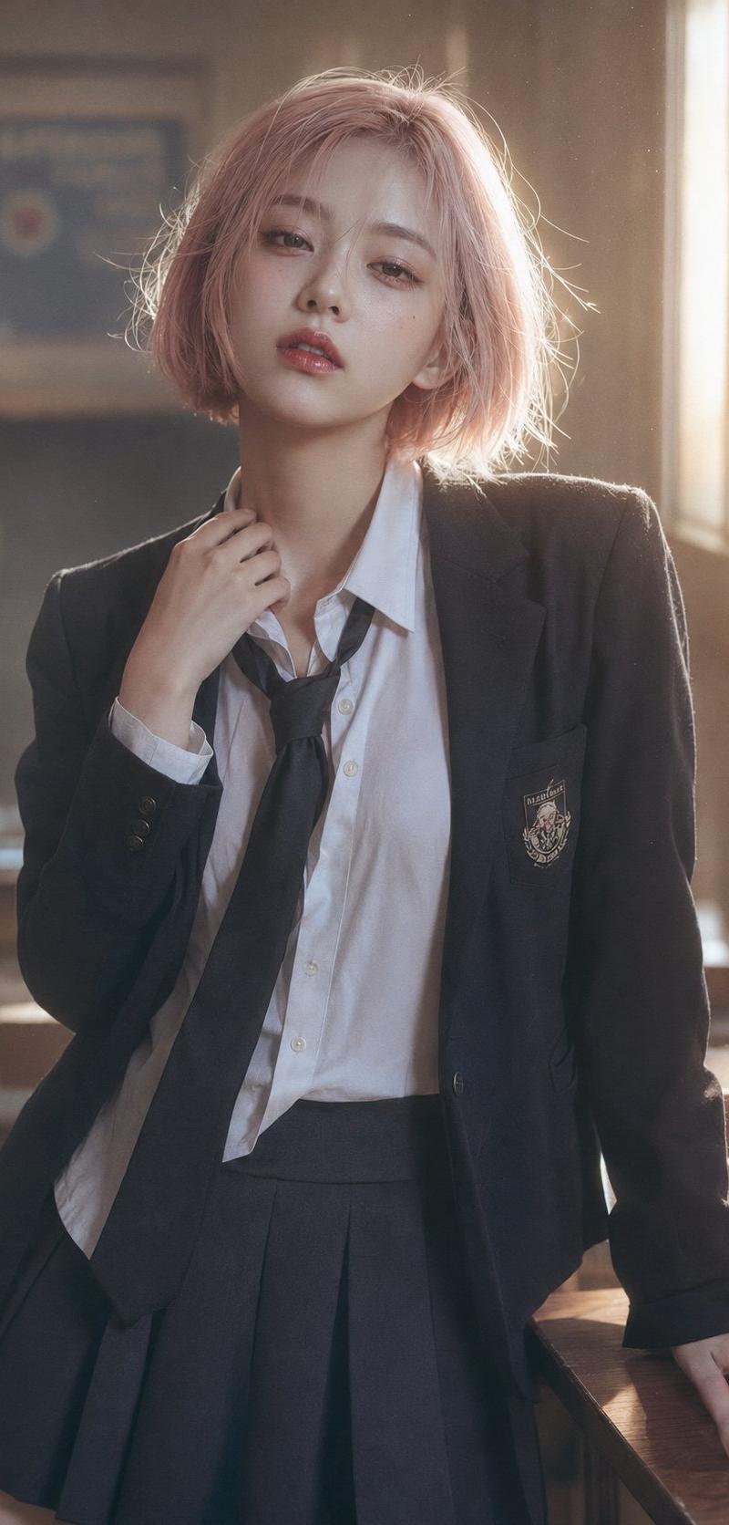 韩系社论校园风粉色短发少女肖像
