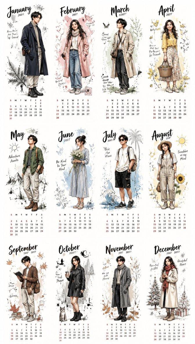2027年韩系手绘插画风格桌面台历
