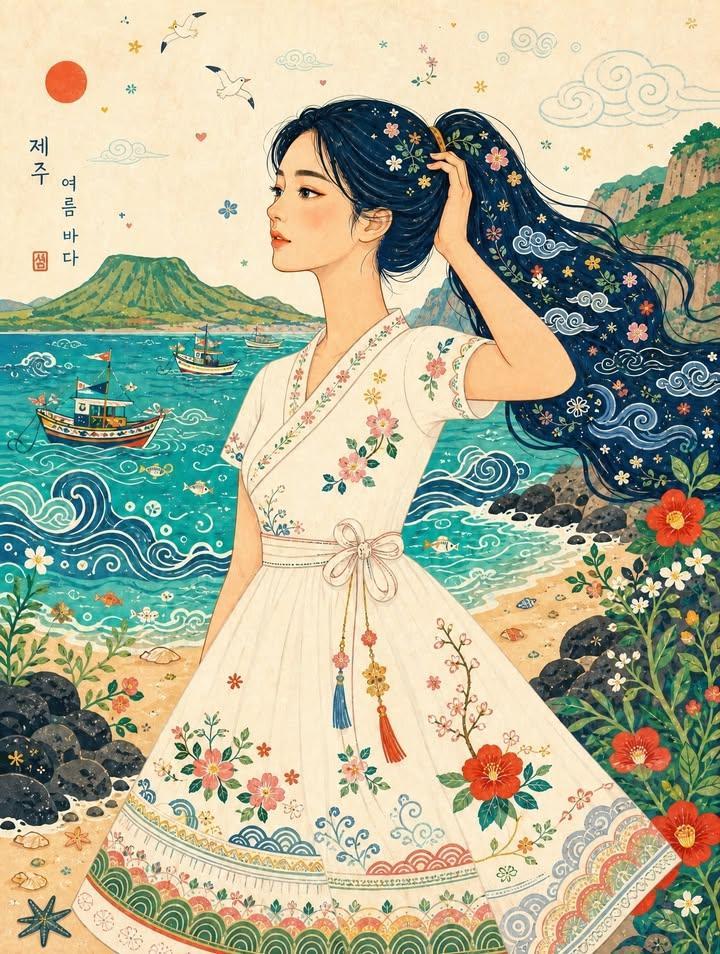 韩国稚拙派民俗画风海边女性插画