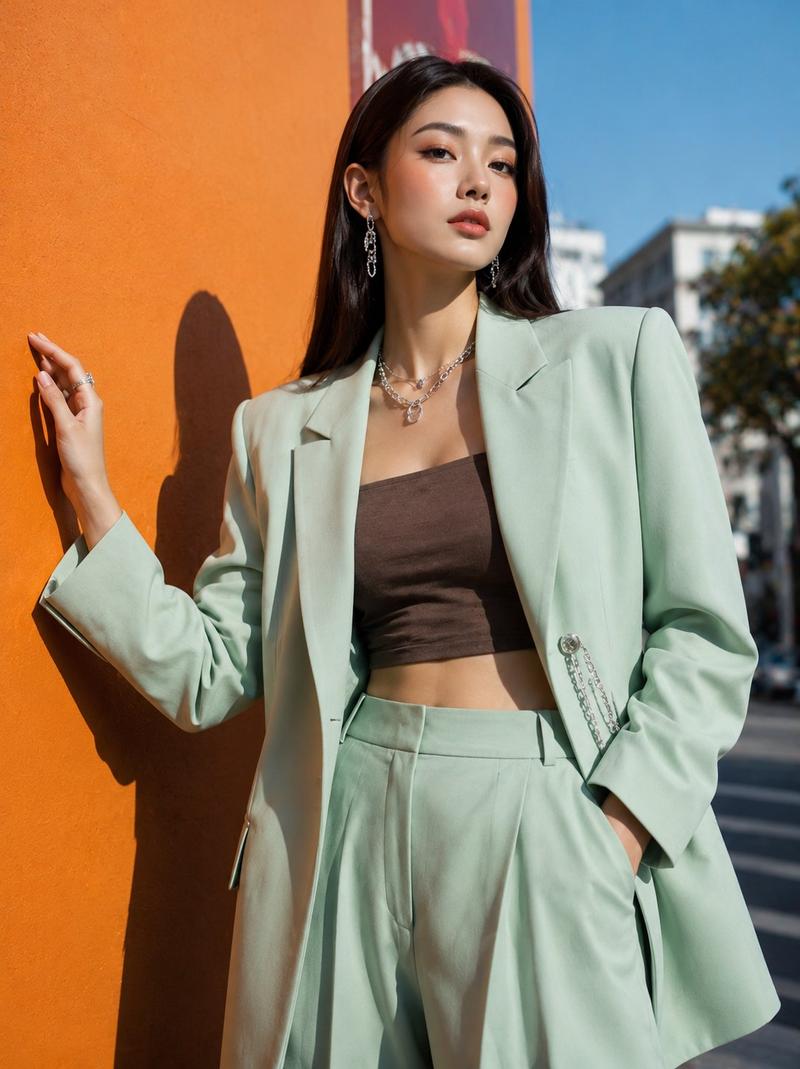 韩风街头时尚薄荷绿西装女子