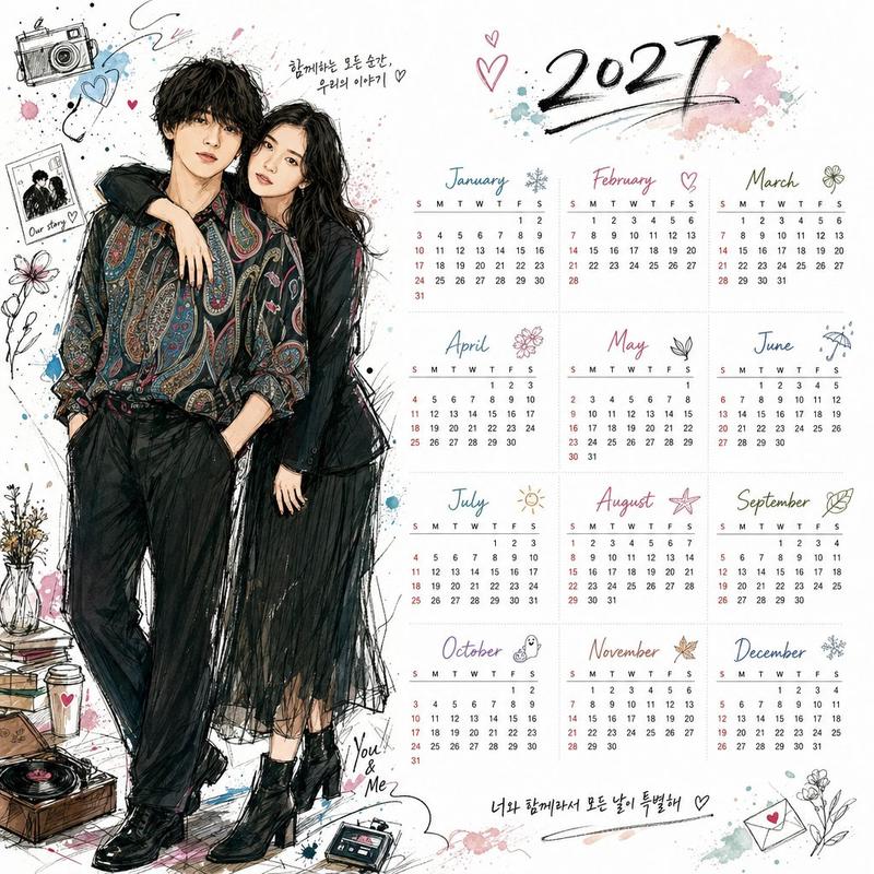 韩系涂鸦风2027全年度桌面台历