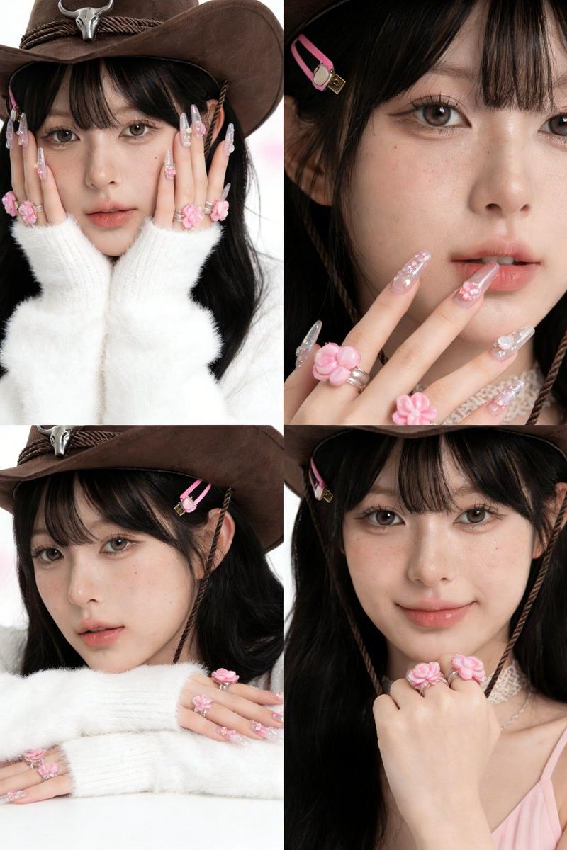韩系甜美冷艳四宫格少女特写