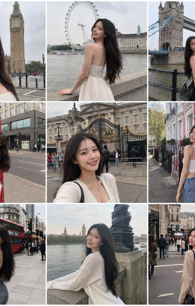 韩国美女伦敦旅行碎片九宫格摄影提示词
