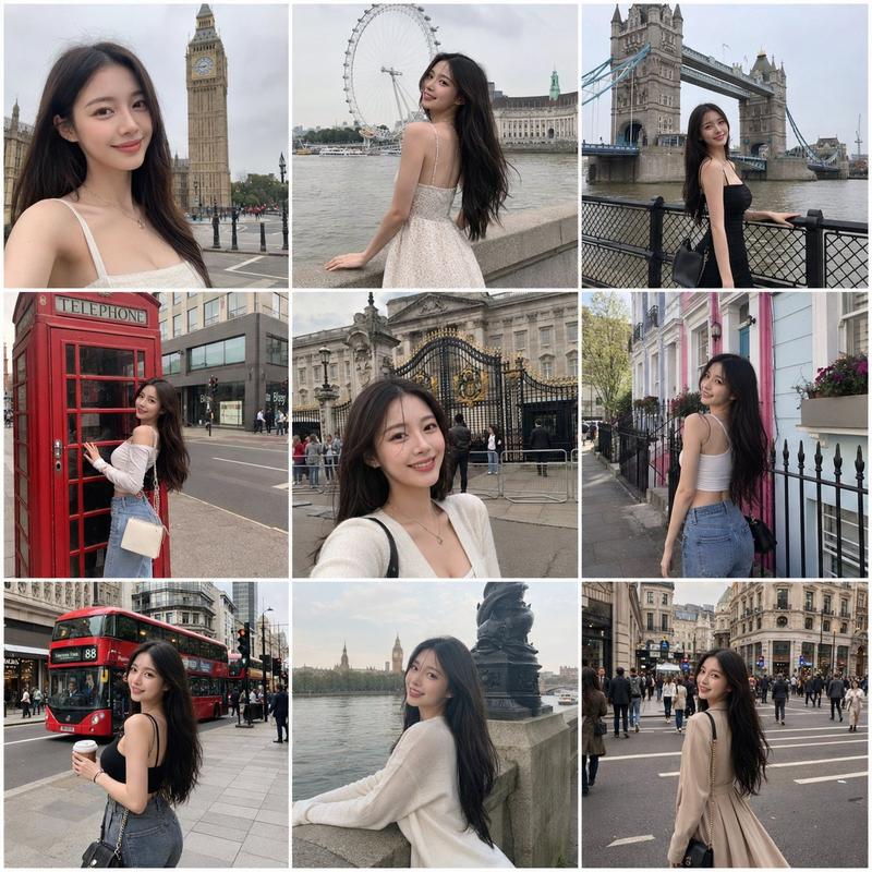 韩国美女伦敦旅行碎片九宫格摄影提示词
