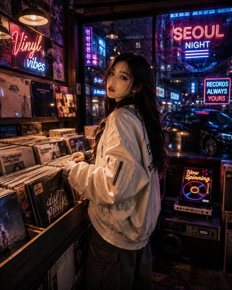 韩国美女深夜复古黑胶唱片店时尚人像
