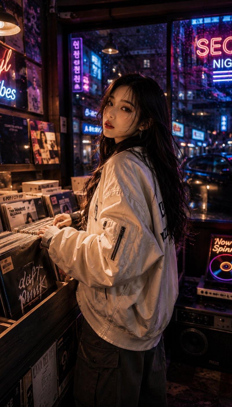 韩国美女深夜复古黑胶唱片店时尚人像