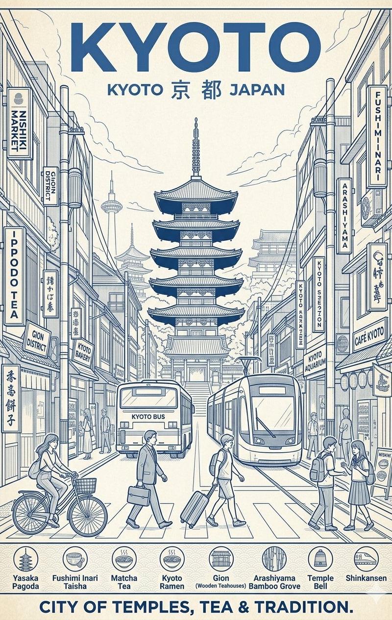 京都蓝白建筑风格旅游海报