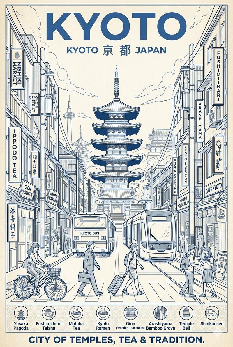 京都蓝白建筑风格旅游海报