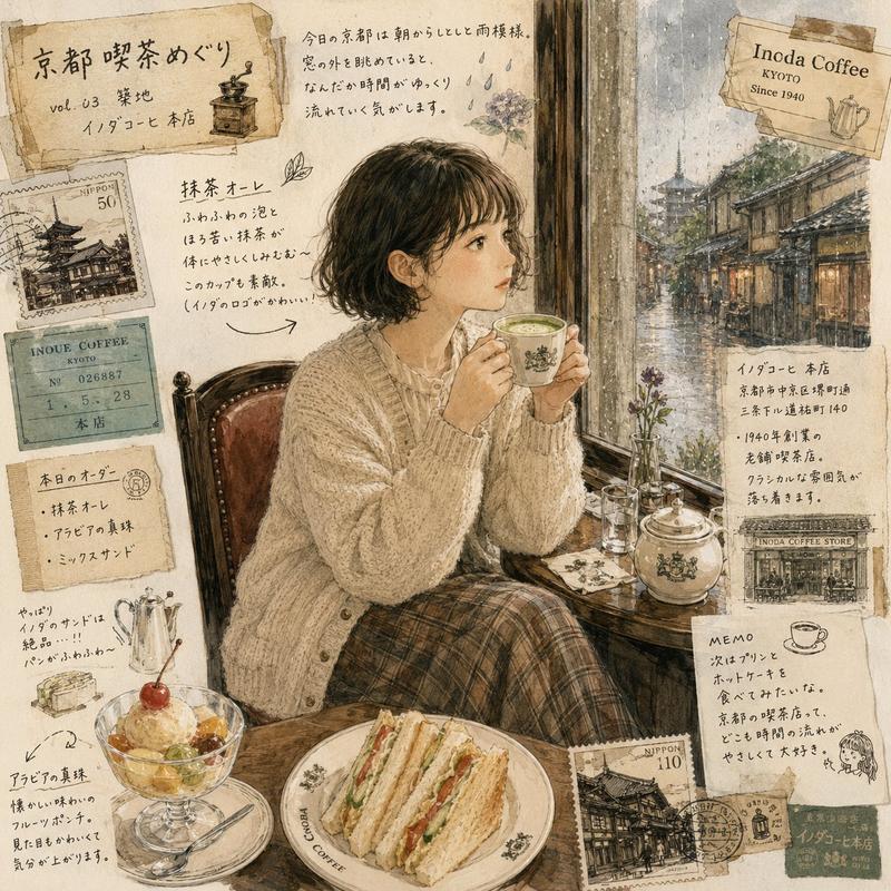 雨中京都咖啡馆日本女性复古写真与插画