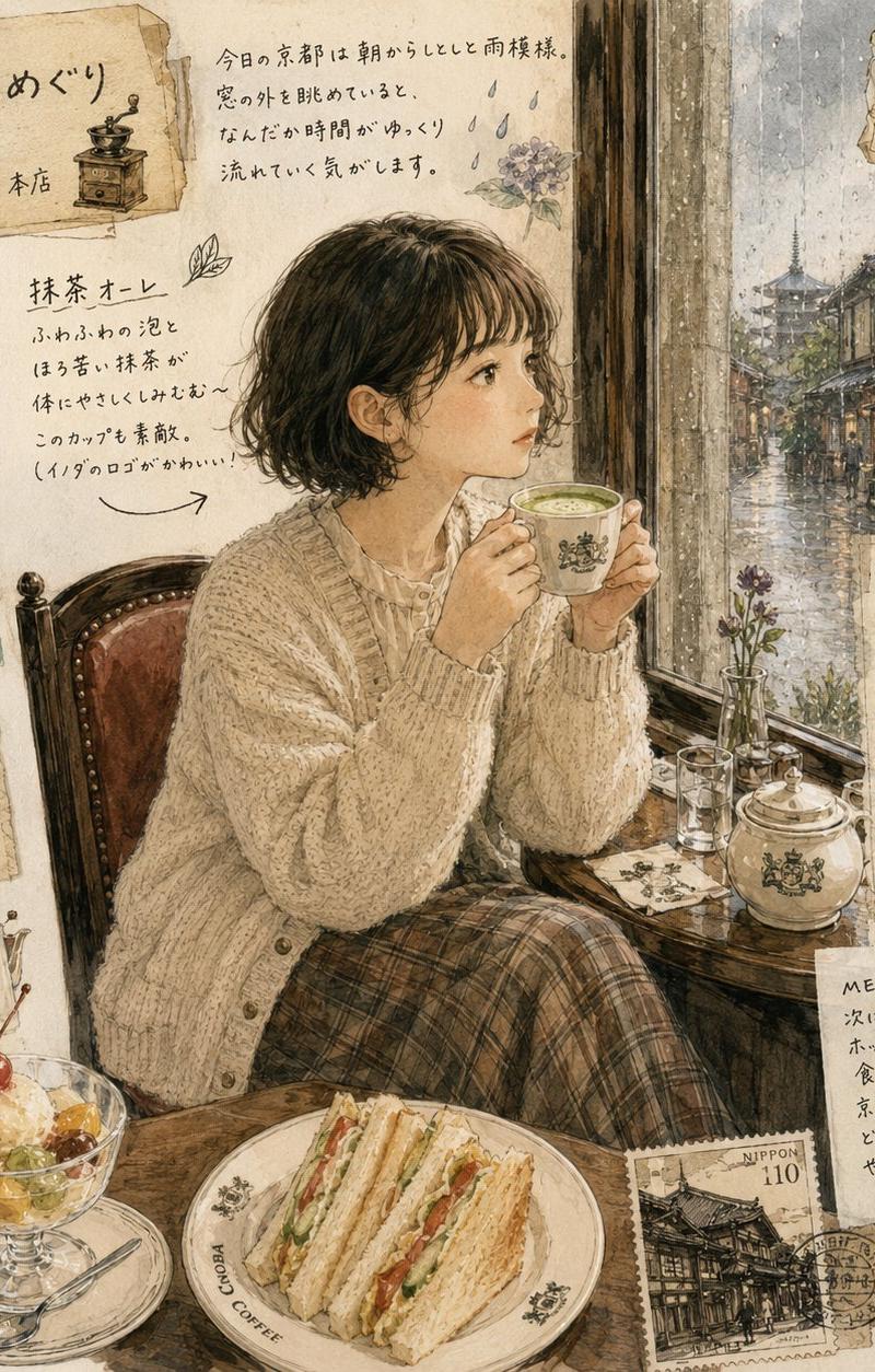 雨中京都咖啡馆日本女性复古写真与插画