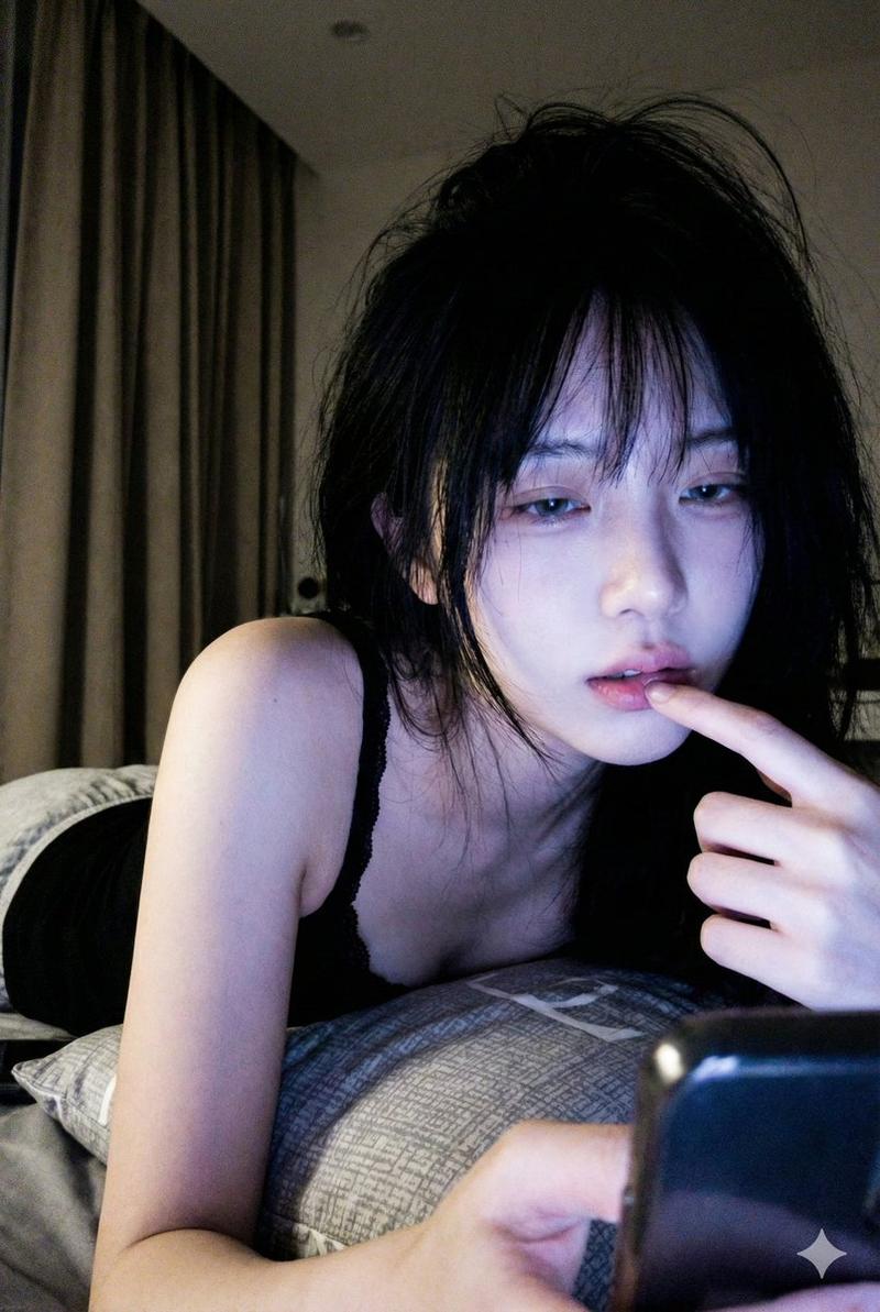 深夜手机微光下的慵懒紫色氛围感少女