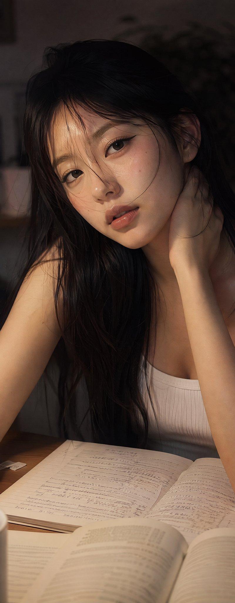 深夜书房木质书桌旁的清纯少女