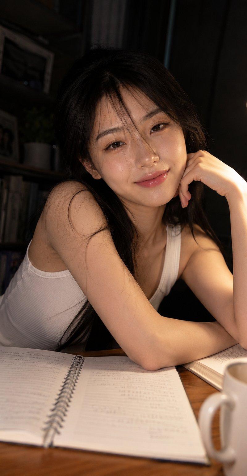 深夜书房木桌前的年轻女性抓拍肖像