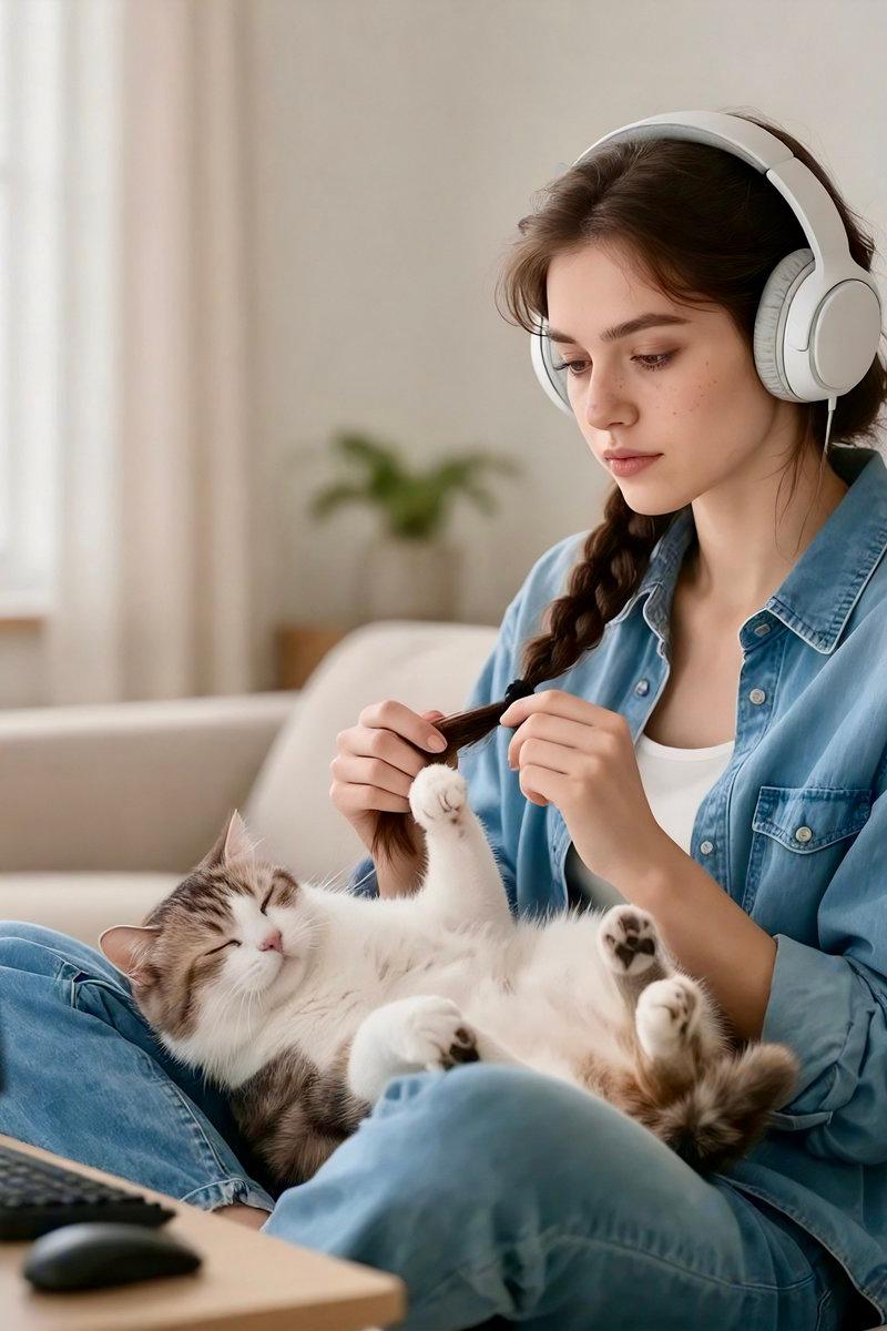 慵懒午后猫咪轻咬发辫的治愈系瞬间