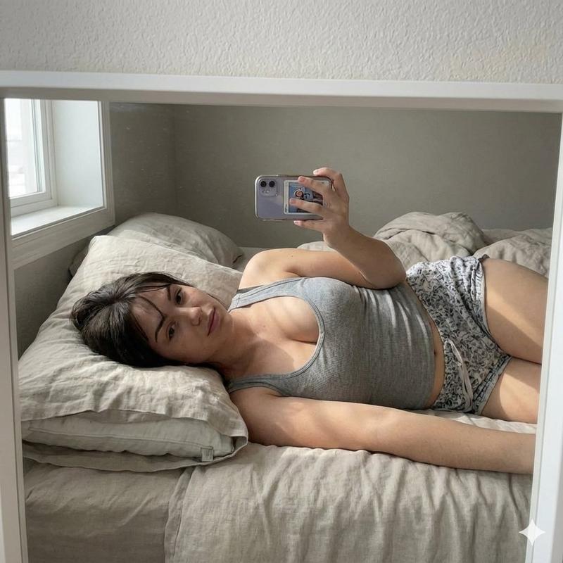 慵懒晨光下的清纯少女对镜自拍
