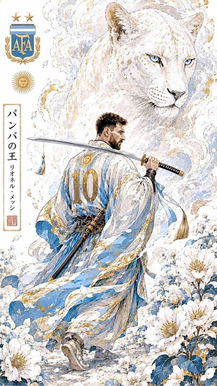 梅西阿根廷武士风格浮世绘插画