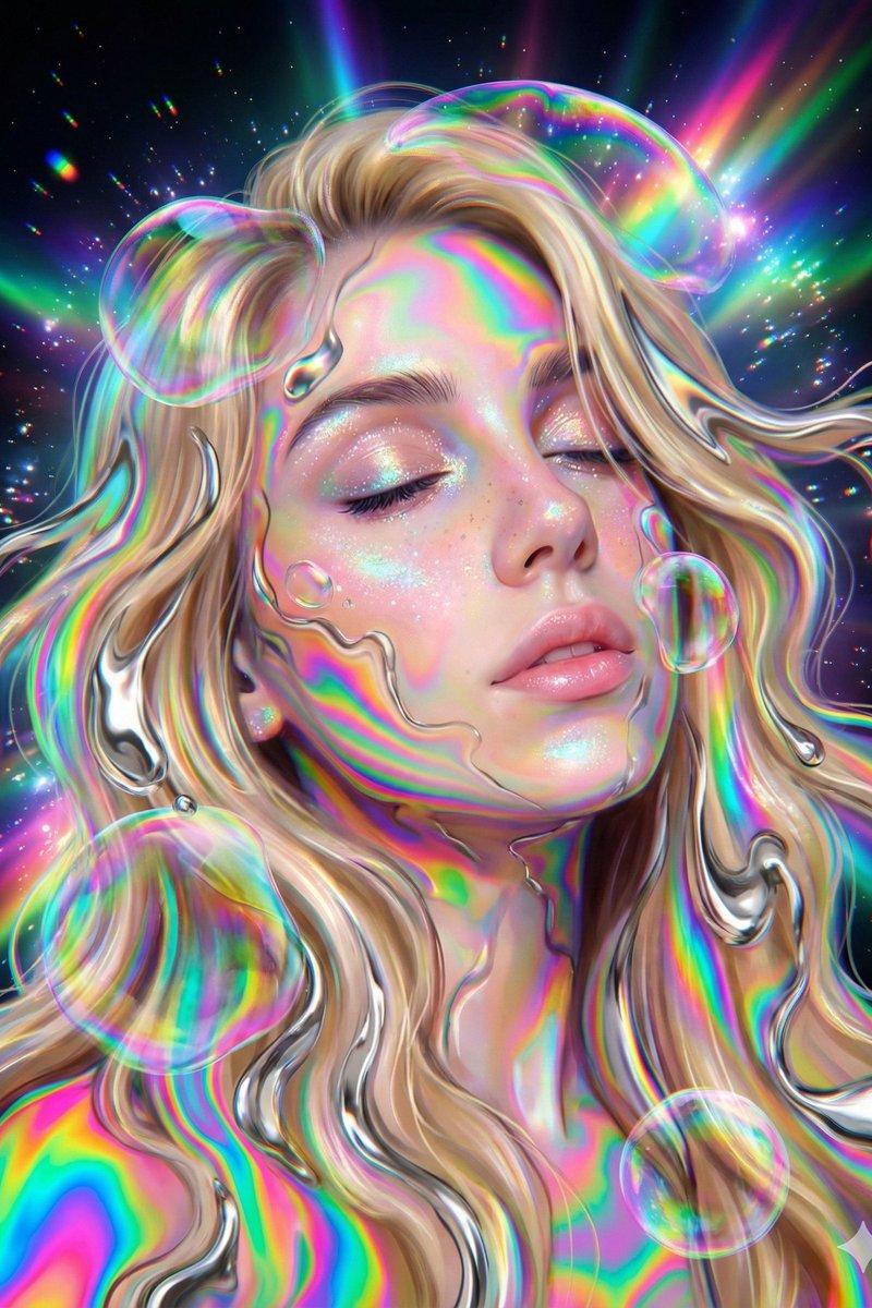 沉浸在液态彩虹风暴中的迷幻少女