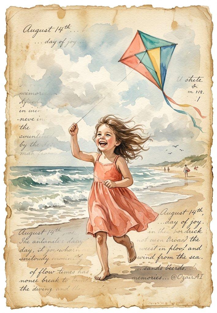海滩放风筝的小女孩复古水彩画