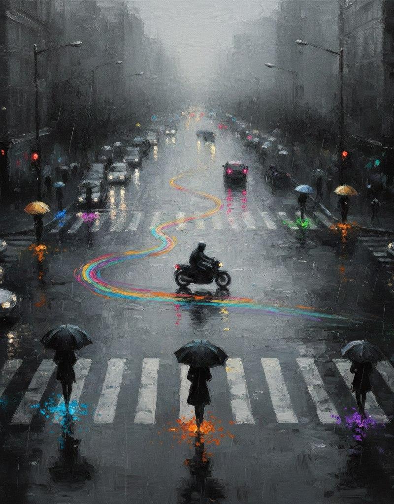 雨夜都市中那一抹孤独的印象派光影
