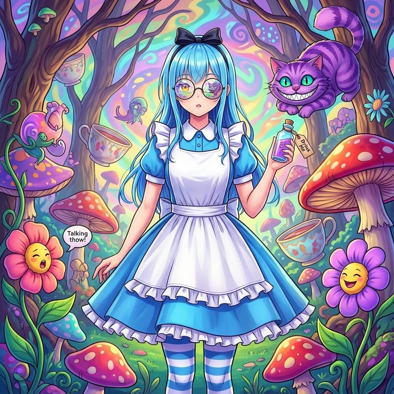 误入巨型蘑菇森林的迷惘仙境少女