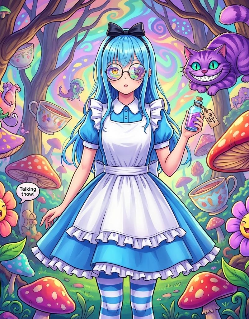 误入巨型蘑菇森林的迷惘仙境少女