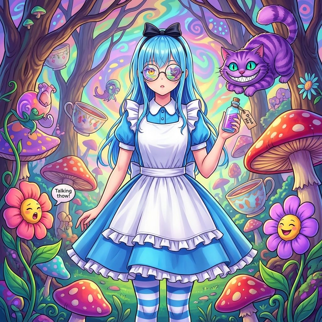 误入巨型蘑菇森林的迷惘仙境少女