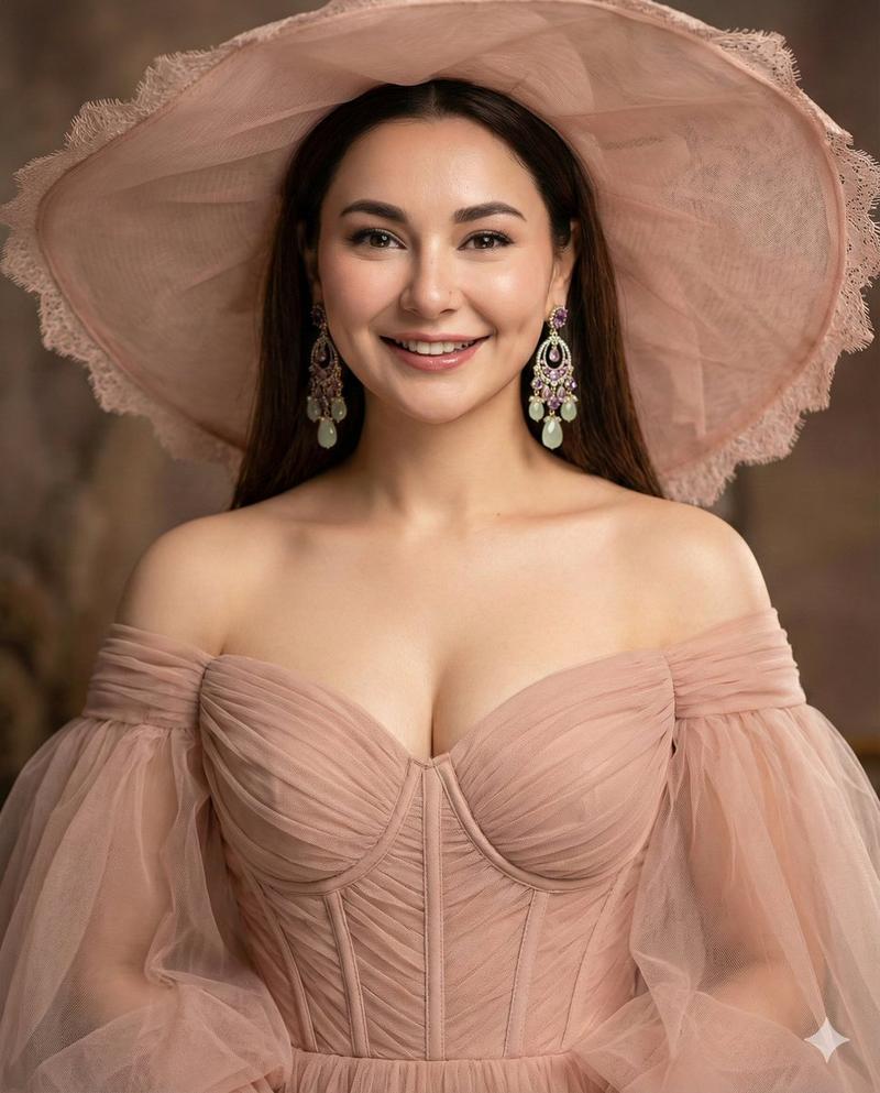 宽檐帽与蓬蓬袖演绎的奢华裸粉色时装大片