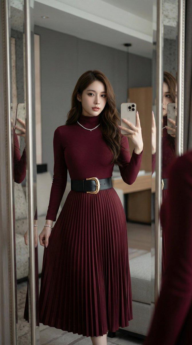 奢华酒店内身着酒红礼服的自信自拍