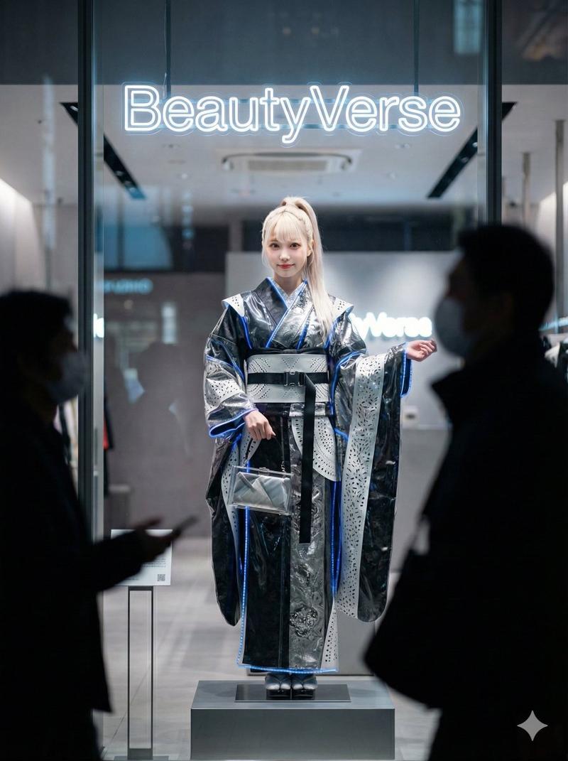 奢华橱窗内的未来感新锐和服美少女