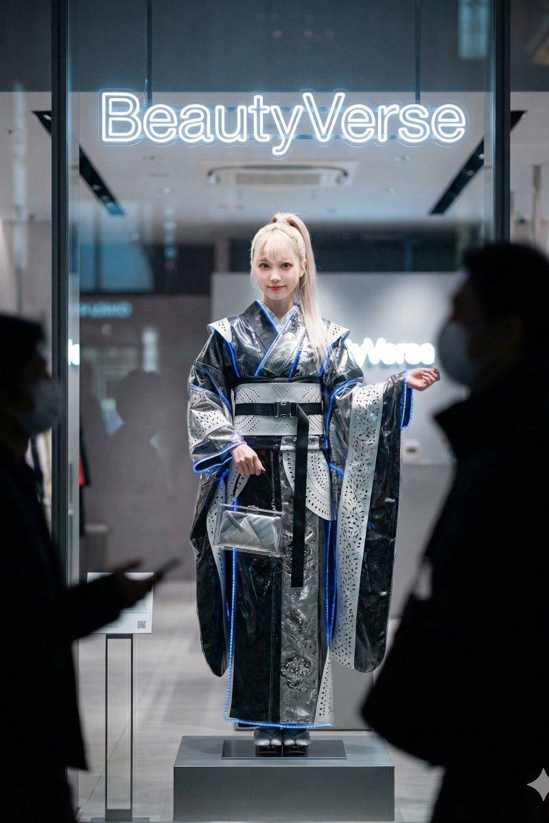 奢华橱窗内的未来感新锐和服美少女