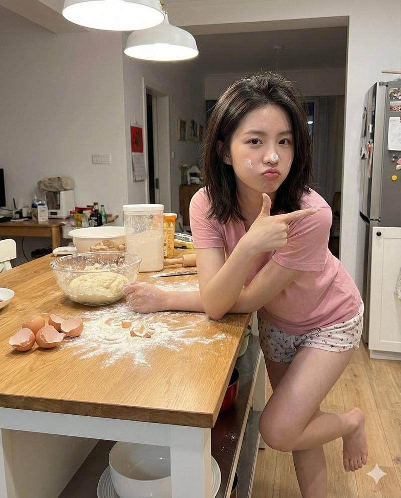 凌乱厨房中满脸面粉的阳光大笑少女