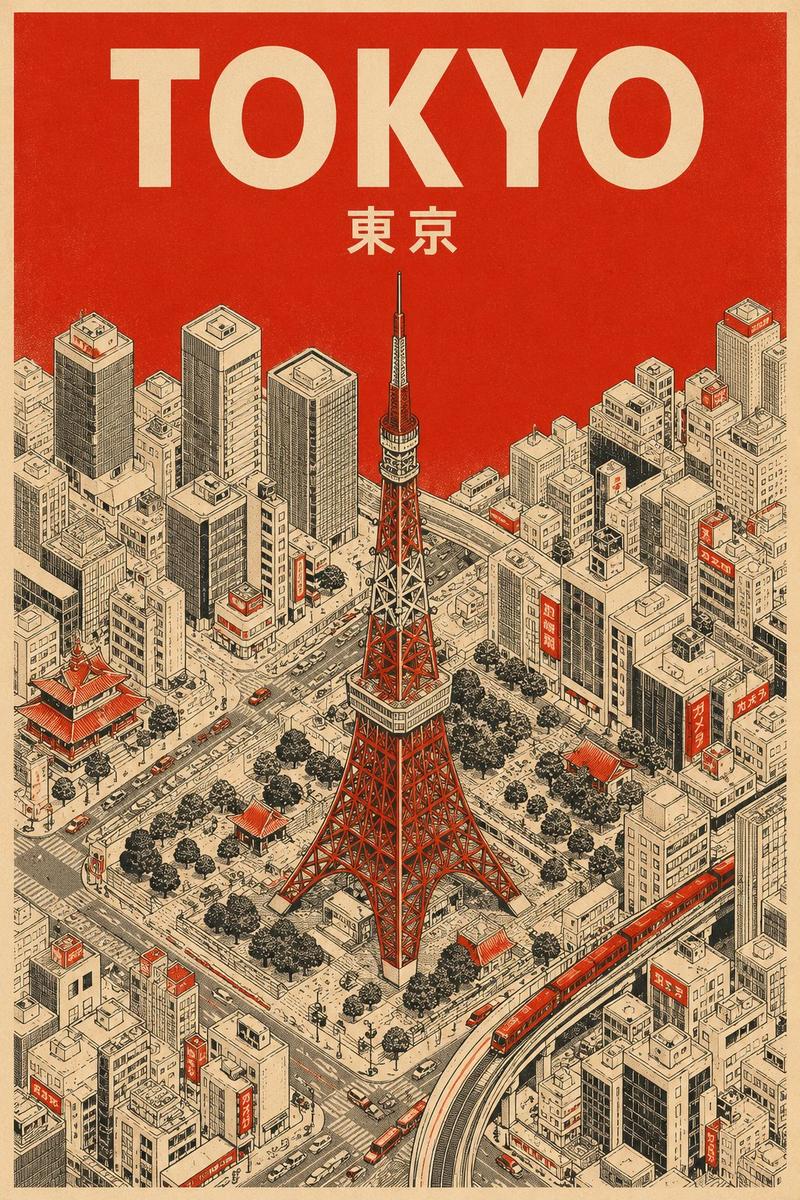 极简世纪中叶等距视角城市旅游海报