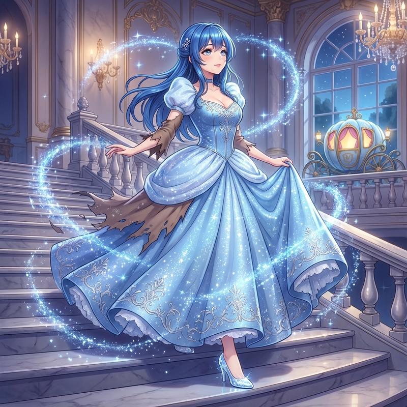 午夜钟声前的蓝裙灰姑娘与璀璨魔法