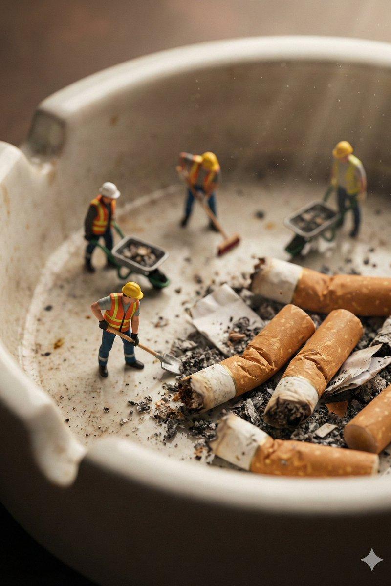 微型建筑工清理巨无霸烟灰缸