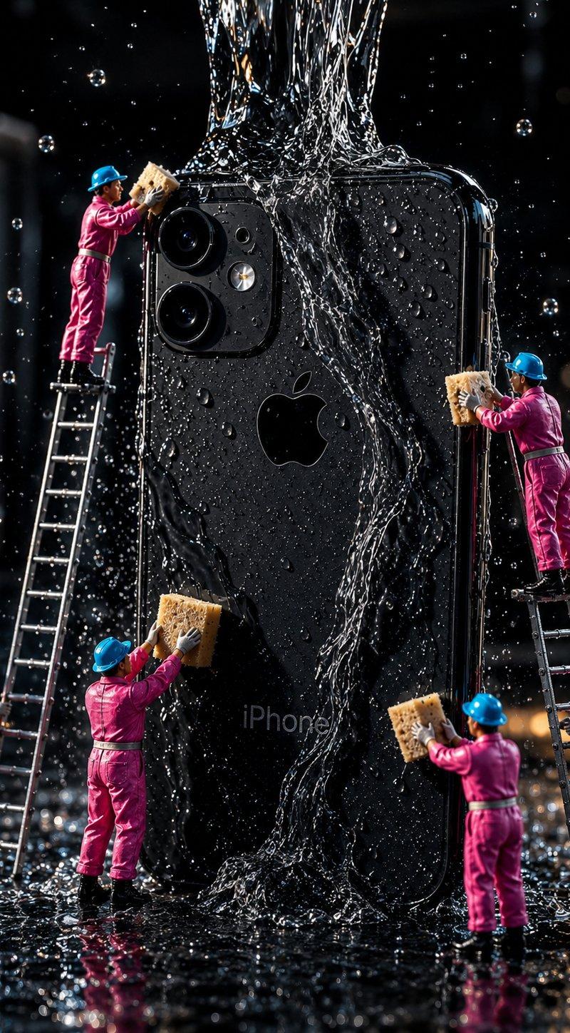 黑色iPhone微缩工人清洁场景
