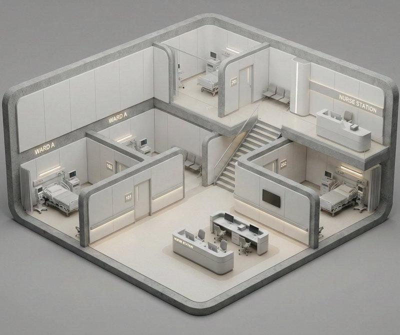 极简风格等距透视建筑立体剖面模型