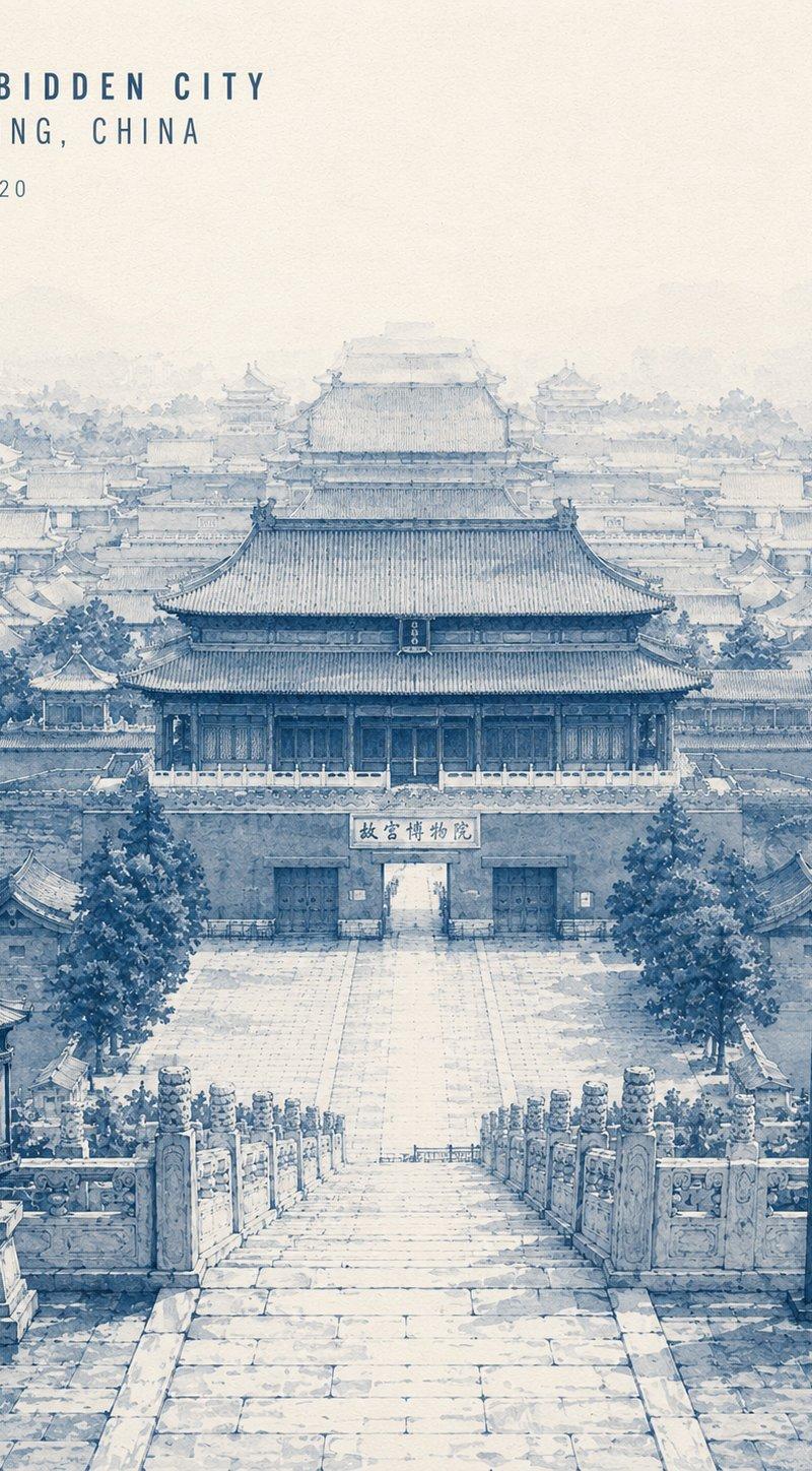 极简靛蓝水墨长城旅行海报插画