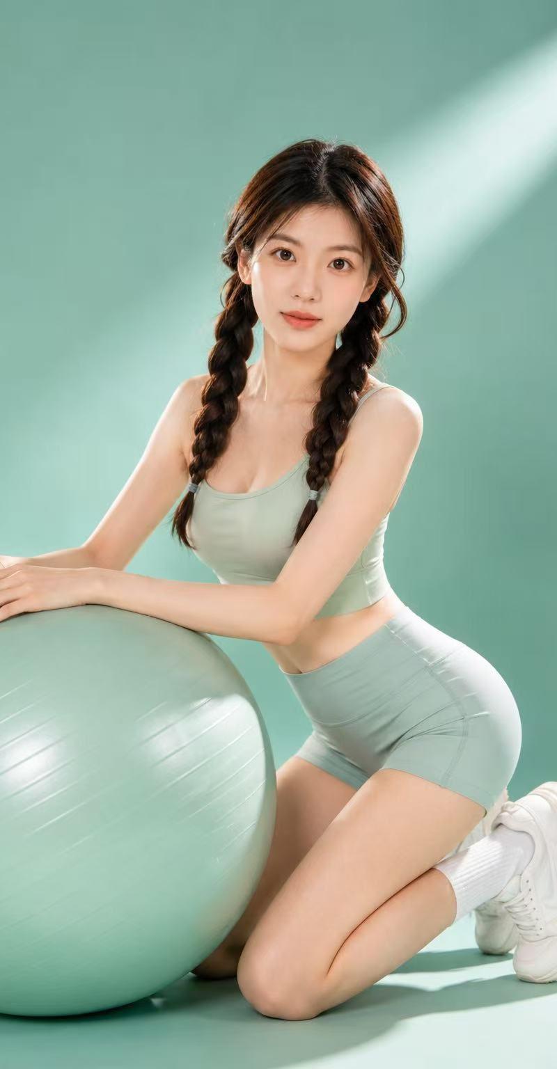 极简薄荷绿影棚健身时尚肖像