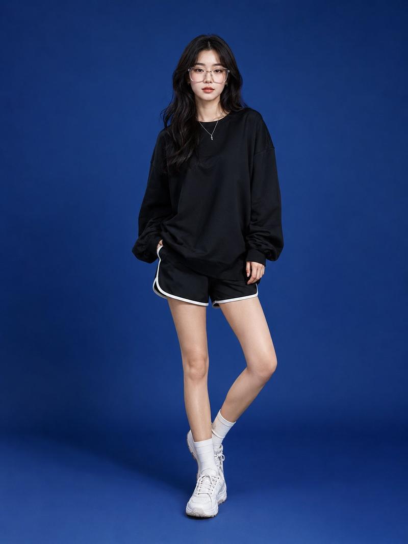 极简街头风宝蓝背景东亚女性全身照
