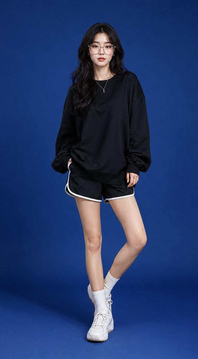 极简街头风宝蓝背景东亚女性全身照