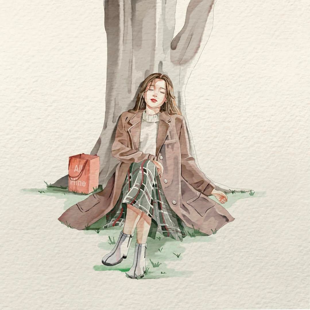 极简水彩少女手绘日系插画