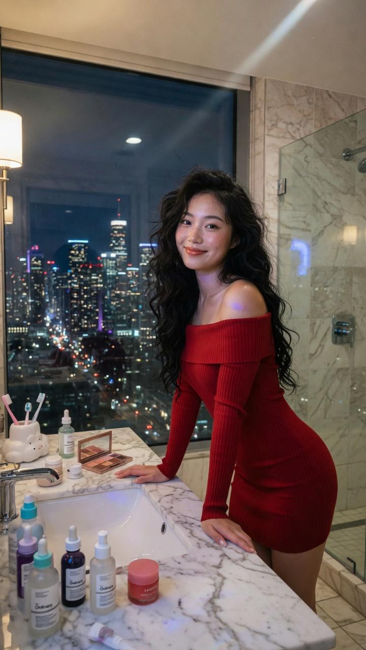 现代奢华浴室红裙东亚女性夜景人像